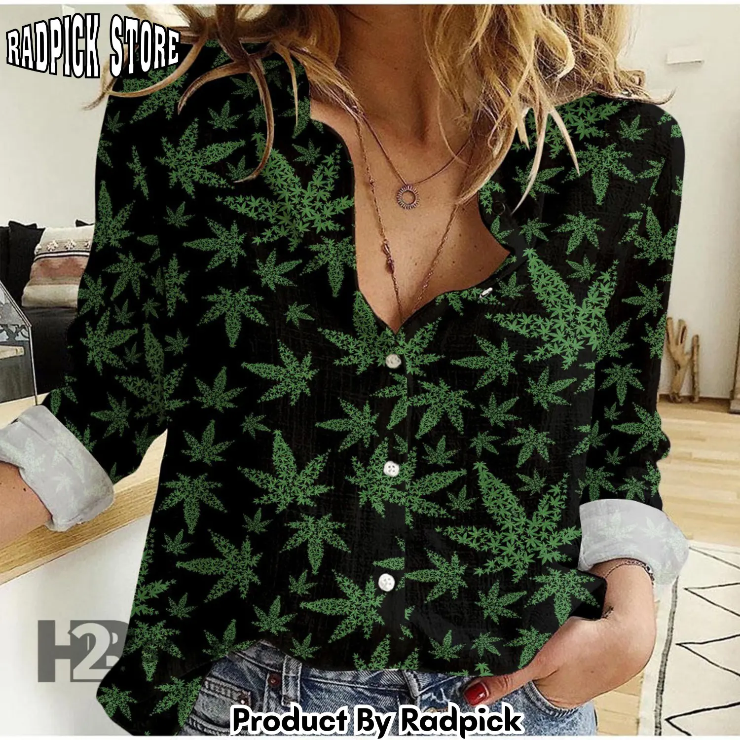 Radpick weed leaf green pattern casual longsleeved linen shirt lad rp66216